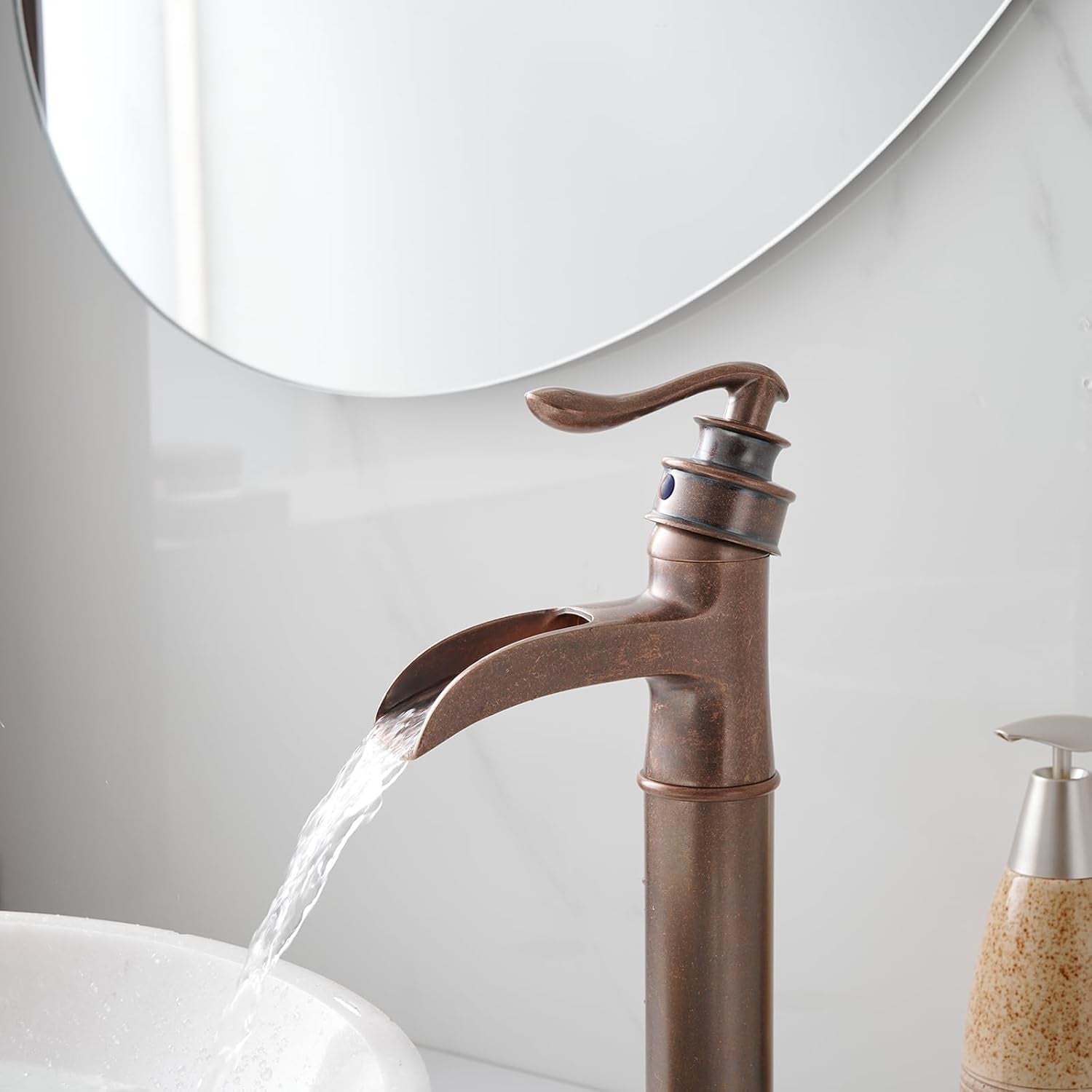 Vessel Sink Faucet Waterfall Antique Copper Single Hole with Pop up Drain Stopper without Overflow and Supply Lines One Handle Vanity Basin Bath Sink Mixer Tap