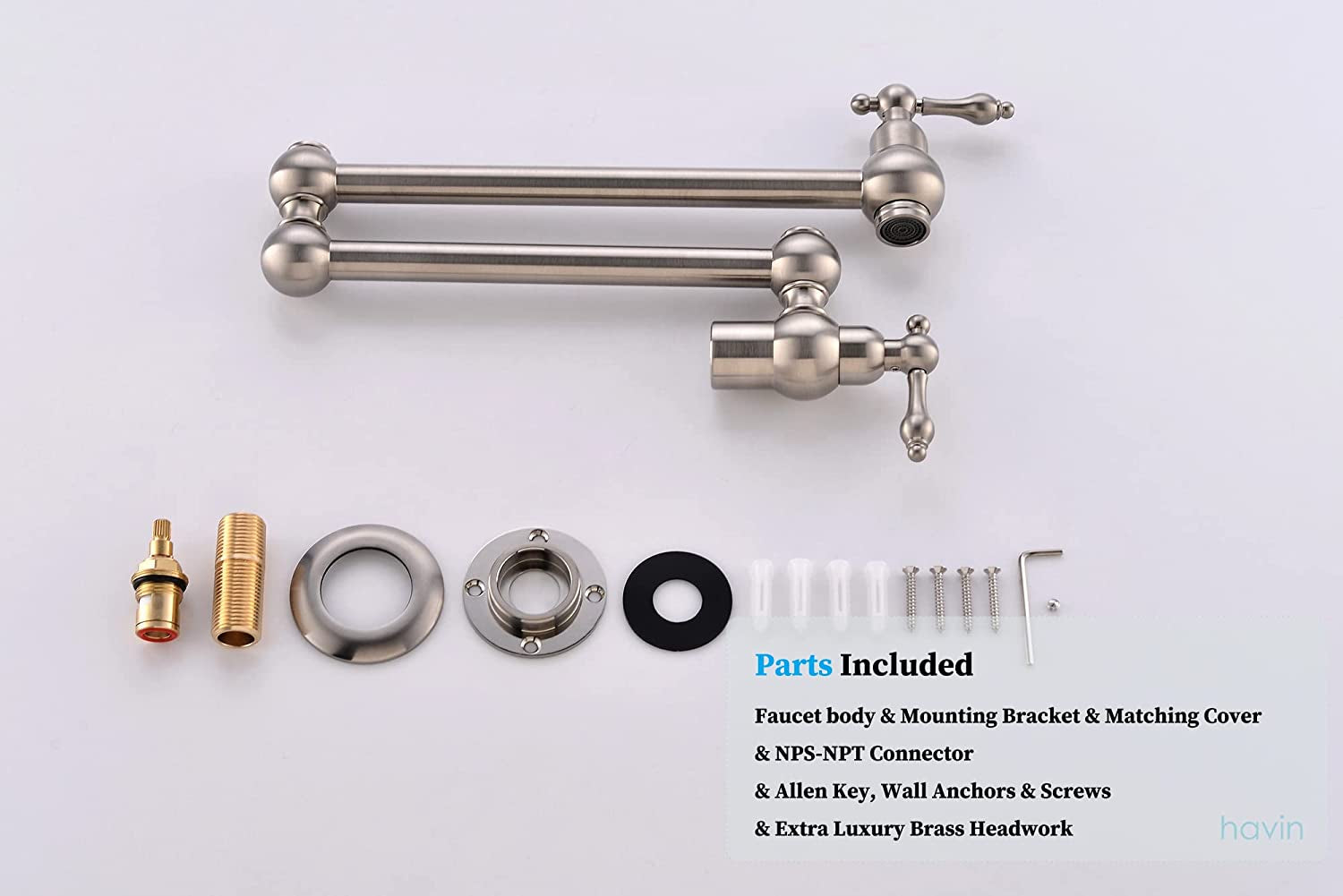 Brass Pot Filler,Wall Mount Commercial,Copper Material Kitchen Folding Faucet,Coffee Machine Faucet with Stretchable Double Joint Swing Arms,Brushed Nickel