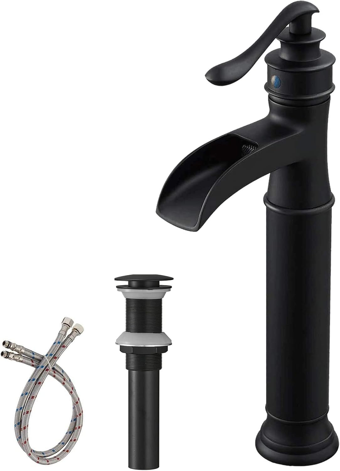 Vessel Sink Faucet Waterfall Antique Copper Single Hole with Pop up Drain Stopper without Overflow and Supply Lines One Handle Vanity Basin Bath Sink Mixer Tap