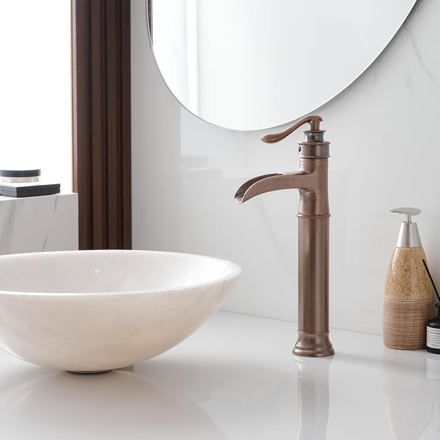 Vessel Sink Faucet Waterfall Antique Copper Single Hole with Pop up Drain Stopper without Overflow and Supply Lines One Handle Vanity Basin Bath Sink Mixer Tap