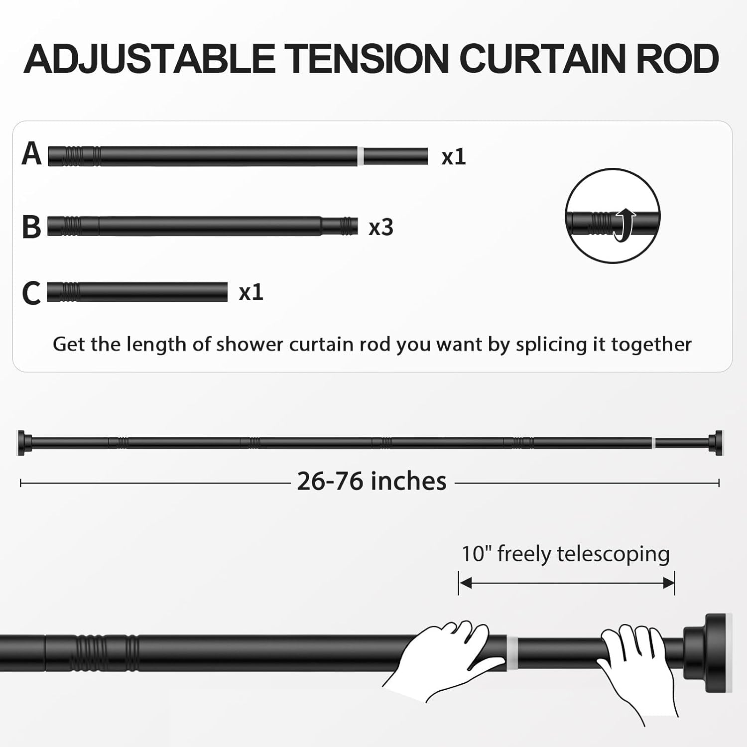 Shower Curtain Rod Tension - 26-76 Inch Never Rust Non-Slip Spring Tension Curtain Rod No Drilling Stainless Steel Curtain Rod Use Bathroom Kitchen(Black)