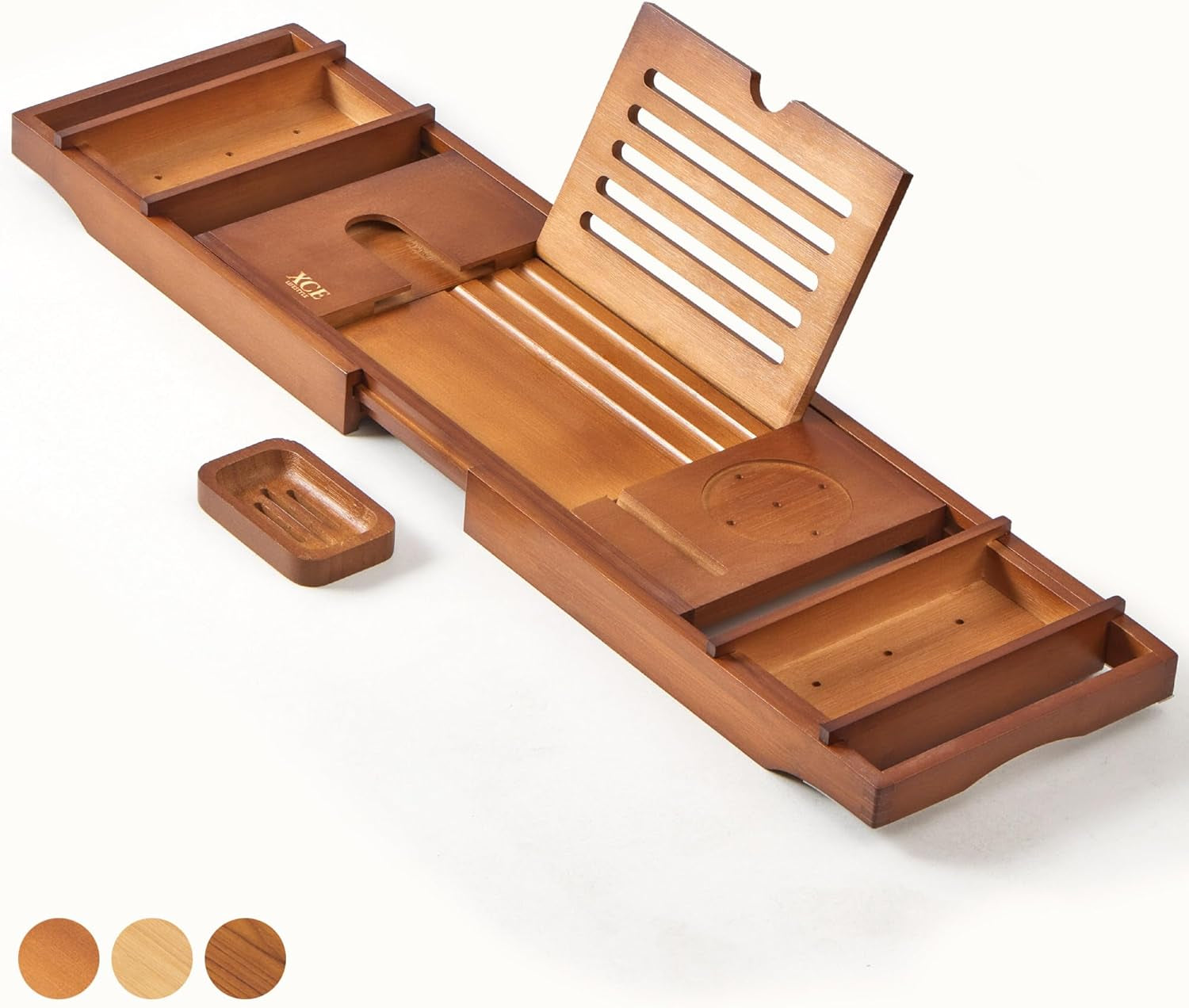 Bathtub Caddy Tray Expandable to 105Cm with Bamboo Book Stand and Soap Tray, Natural
