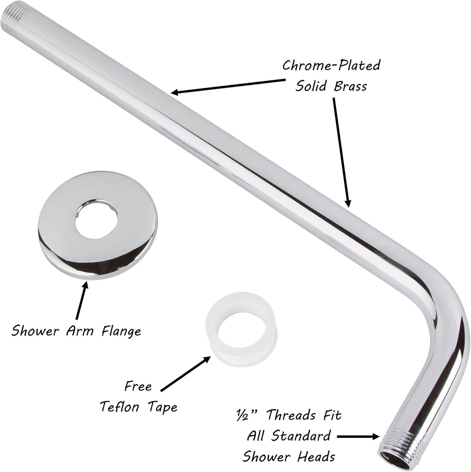 12 Inch Shower Arm and Flange - Solid Stainless Steel, Wall-Mounted for Fixed Shower Head & Rain Showerhead - - Chrome