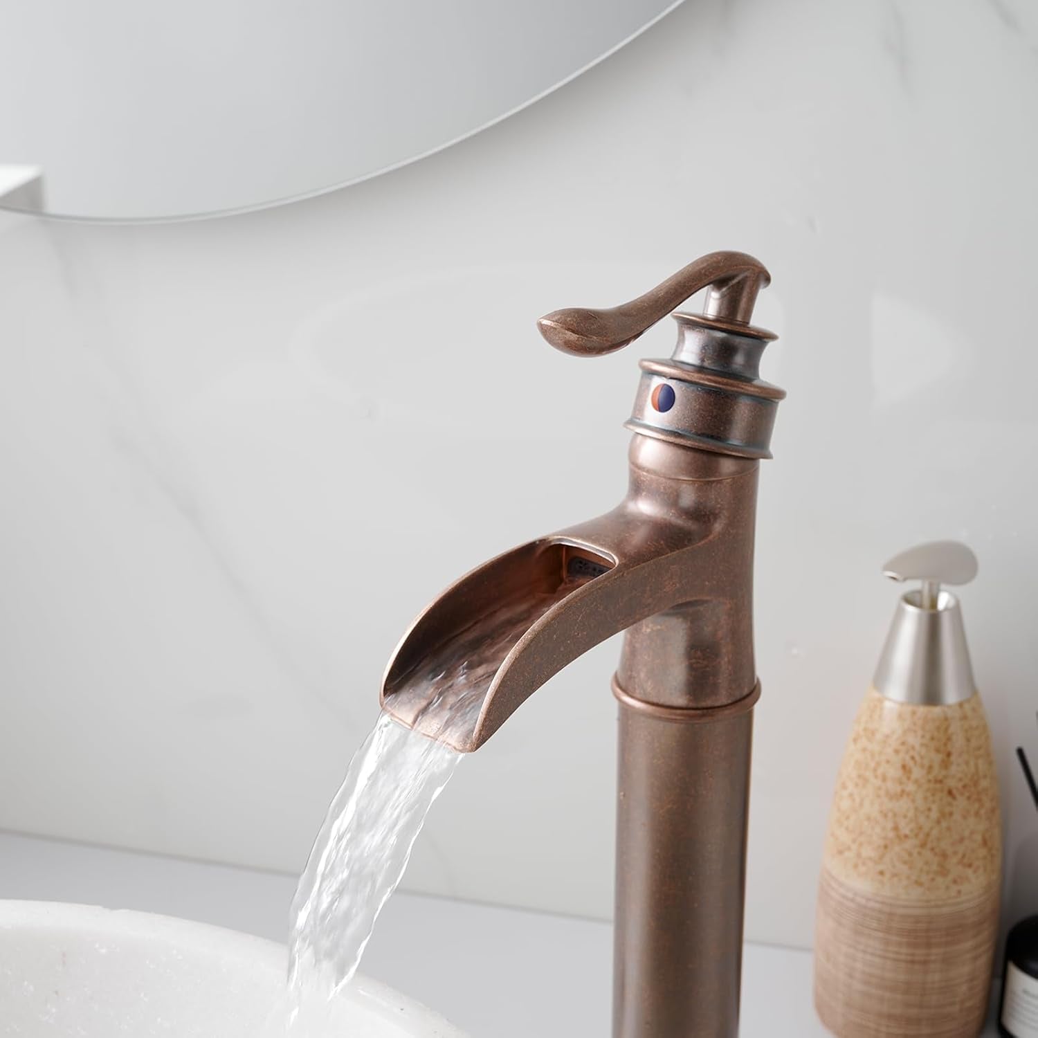 Vessel Sink Faucet Waterfall Antique Copper Single Hole with Pop up Drain Stopper without Overflow and Supply Lines One Handle Vanity Basin Bath Sink Mixer Tap