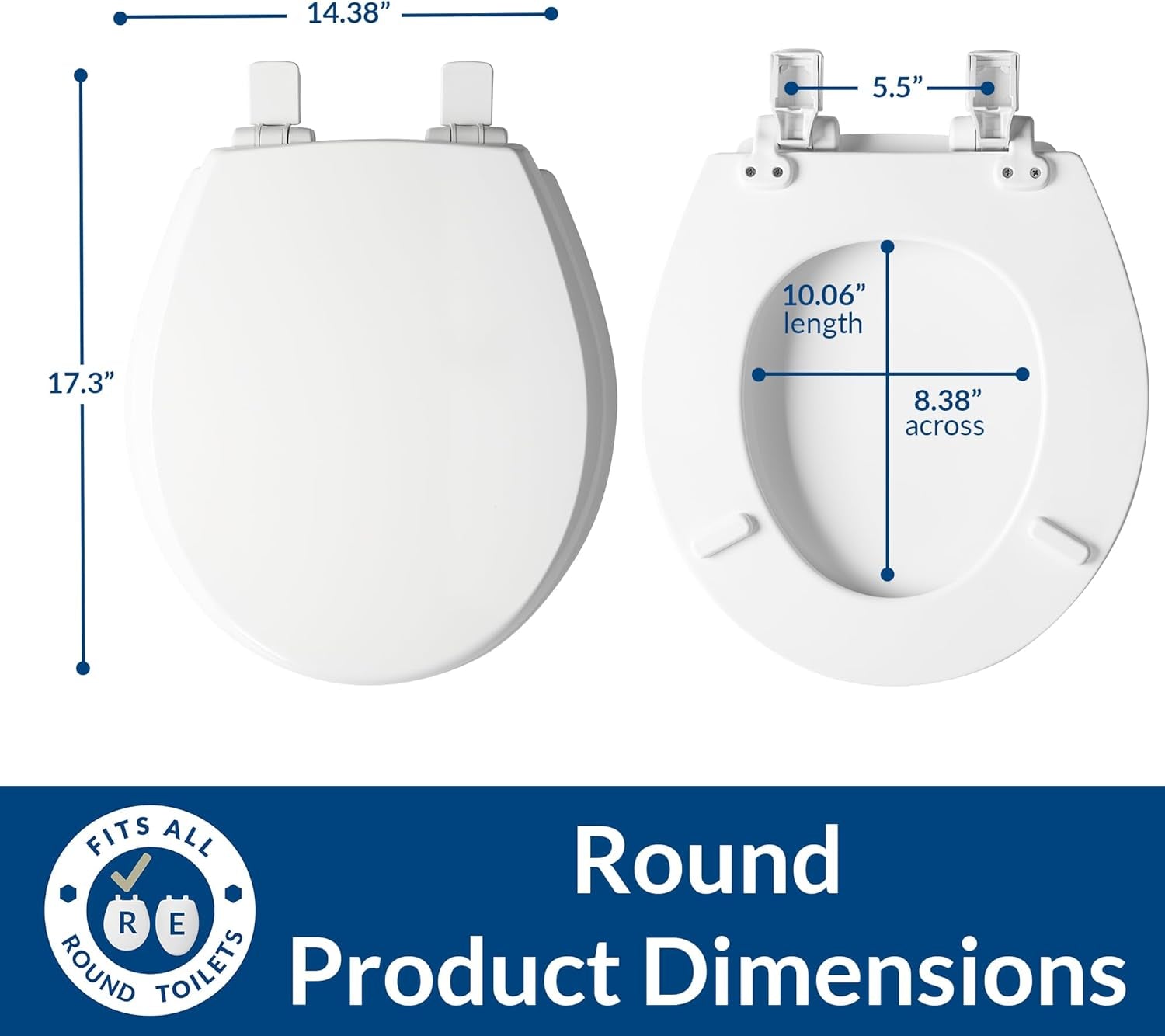 Cassel Slow Close Toilet Seat, Easy Clean, Non Slip Premium Wood Seat, Easy Install, Made in USA, Round, White