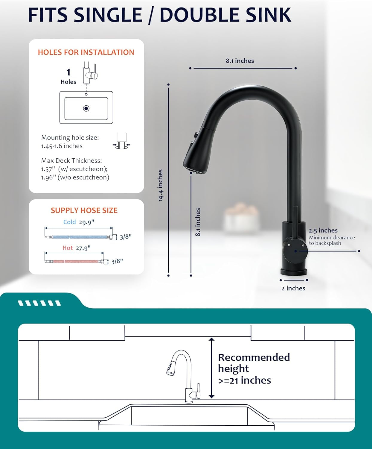 Black Kitchen Faucet with Pull down Sprayer for RV Sink, Kitchen Sink Faucet Stainless Steel Laundry Single Handle Pull Out Kitchen Faucets Matte Black, Grifo Para Fregaderos De Cocina