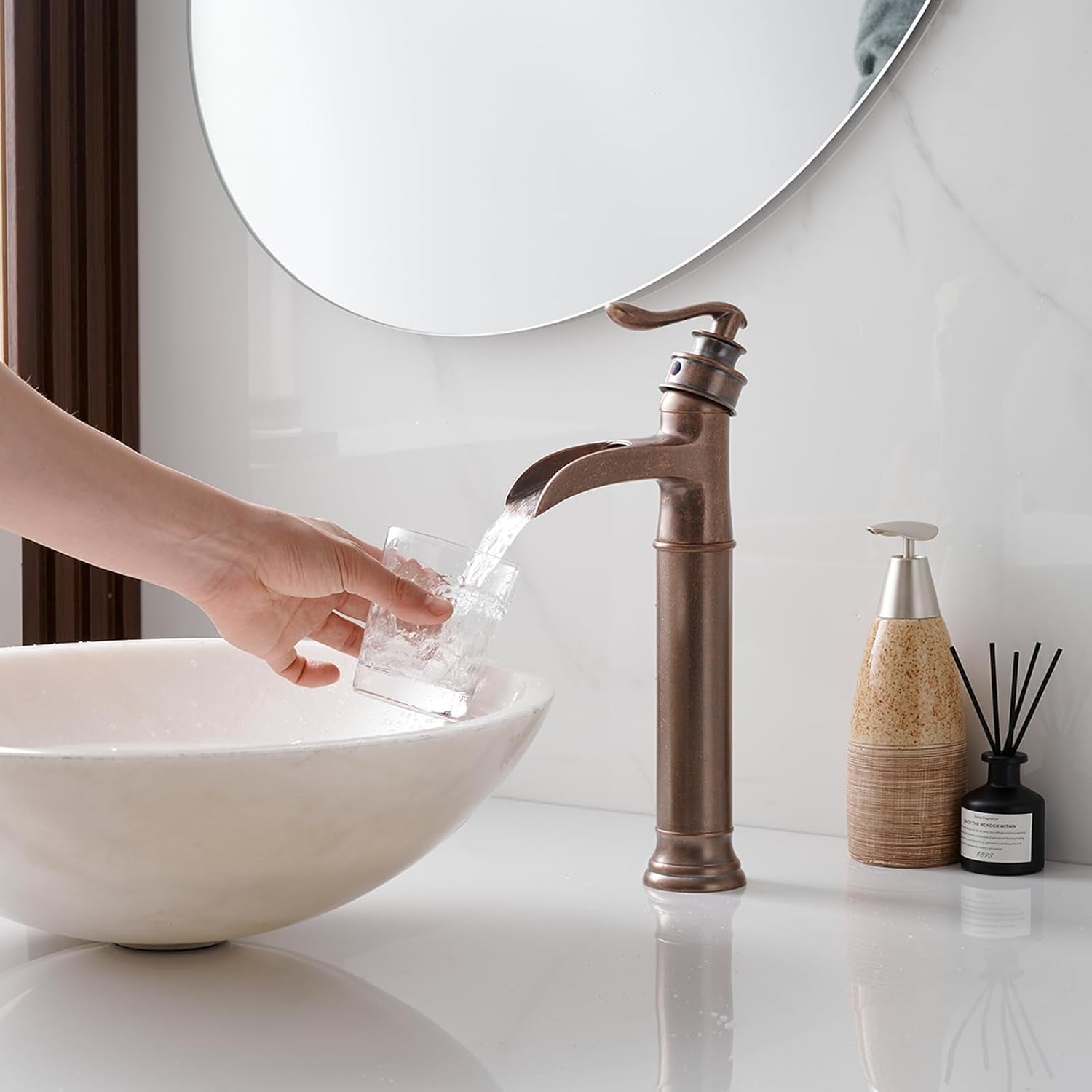 Vessel Sink Faucet Waterfall Antique Copper Single Hole with Pop up Drain Stopper without Overflow and Supply Lines One Handle Vanity Basin Bath Sink Mixer Tap