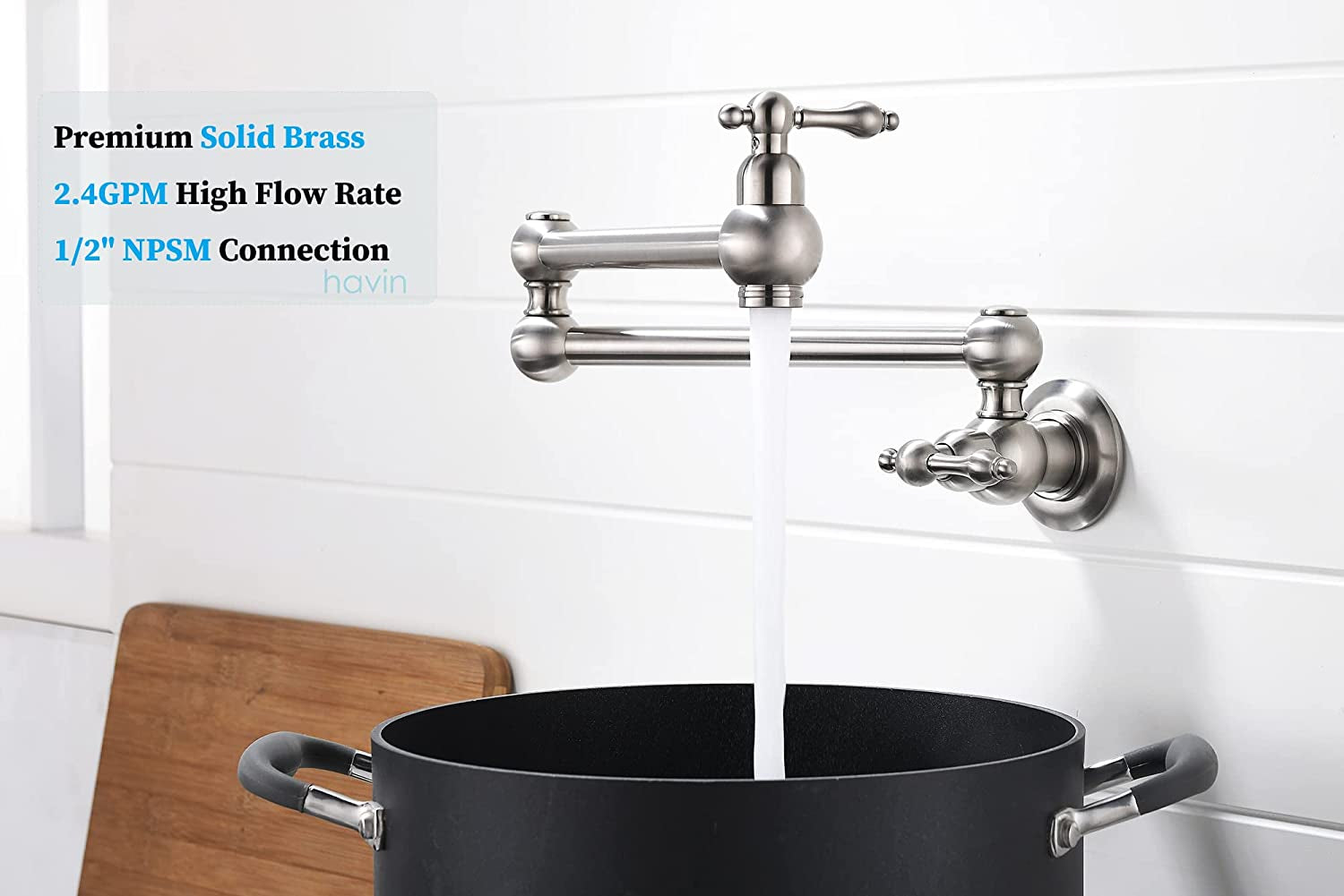 Brass Pot Filler,Wall Mount Commercial,Copper Material Kitchen Folding Faucet,Coffee Machine Faucet with Stretchable Double Joint Swing Arms,Brushed Nickel