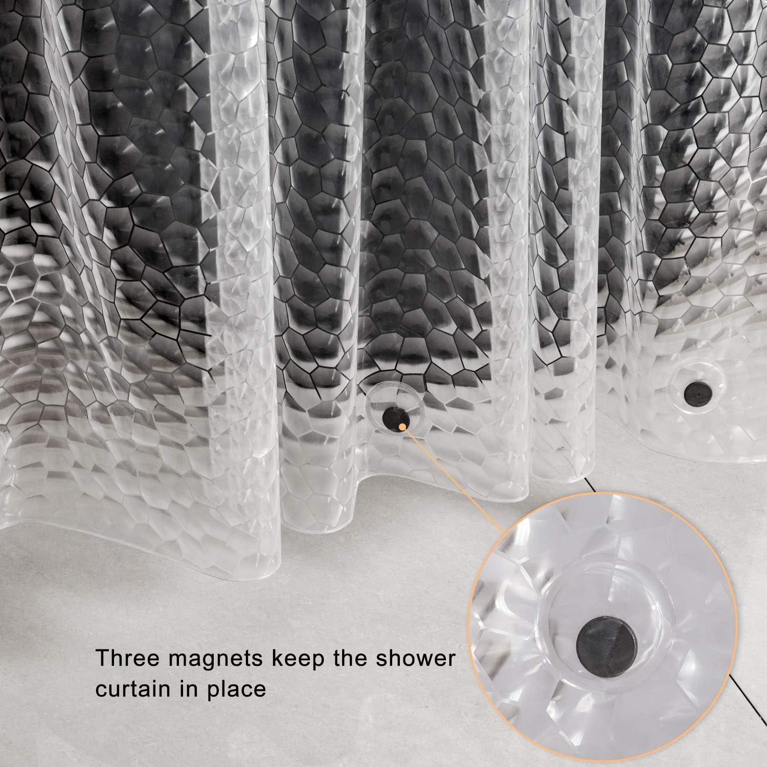 Shower Curtain Liner 8G EVA with 3 Magnets, Waterproof Clear Shower Curtains with 3D Water Cube Design, Heavy Duty Plastic Bathroom Shower Liner for Shower Stall, Bathtubs, 72 X 72,12 Hooks