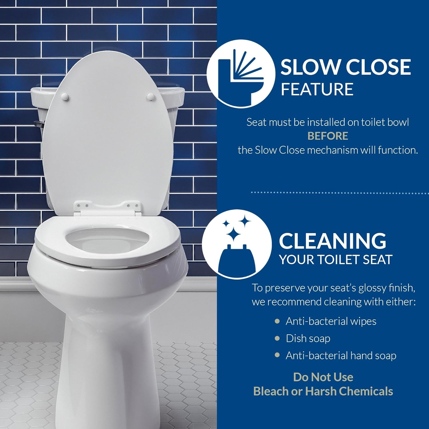 Cassel Slow Close Toilet Seat, Easy Clean, Non Slip Premium Wood Seat, Easy Install, Made in USA, Round, White