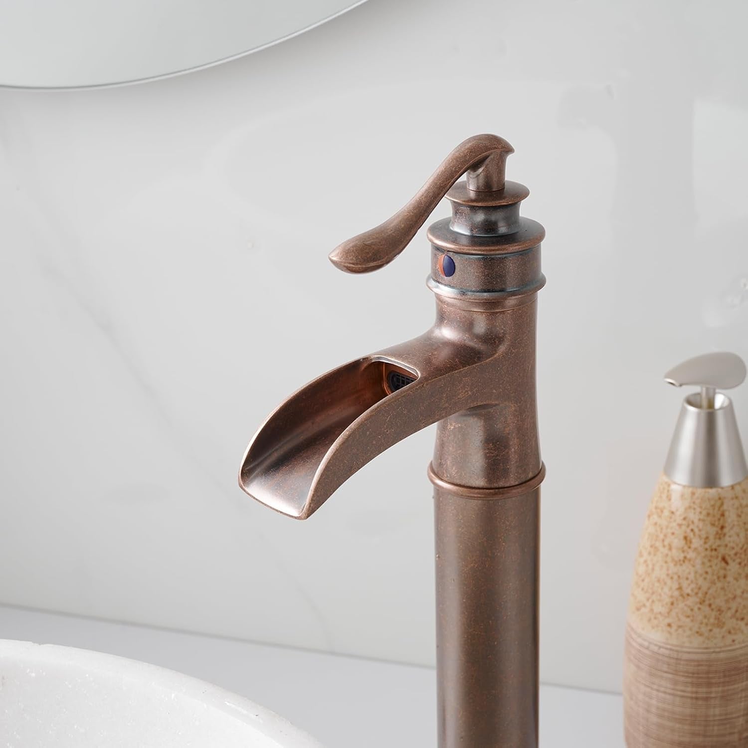 Vessel Sink Faucet Waterfall Antique Copper Single Hole with Pop up Drain Stopper without Overflow and Supply Lines One Handle Vanity Basin Bath Sink Mixer Tap
