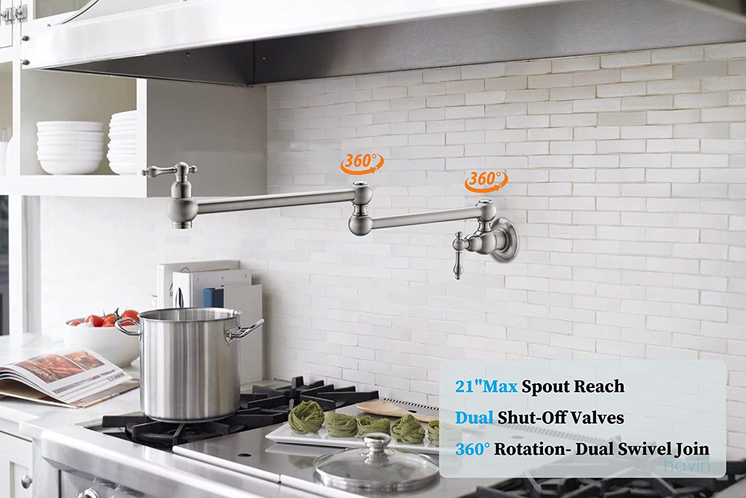 Brass Pot Filler,Wall Mount Commercial,Copper Material Kitchen Folding Faucet,Coffee Machine Faucet with Stretchable Double Joint Swing Arms,Brushed Nickel