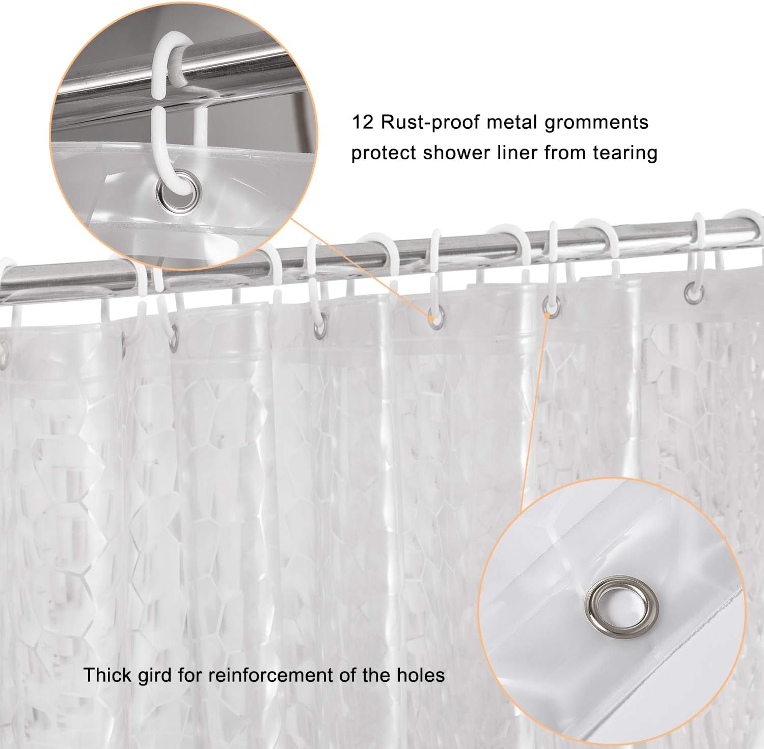 Shower Curtain Liner 8G EVA with 3 Magnets, Waterproof Clear Shower Curtains with 3D Water Cube Design, Heavy Duty Plastic Bathroom Shower Liner for Shower Stall, Bathtubs, 72 X 72,12 Hooks