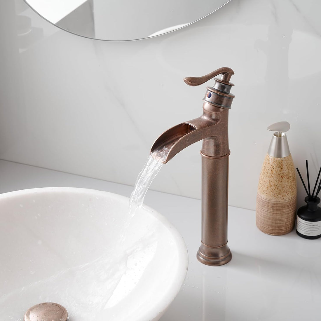 Vessel Sink Faucet Waterfall Antique Copper Single Hole with Pop up Drain Stopper without Overflow and Supply Lines One Handle Vanity Basin Bath Sink Mixer Tap