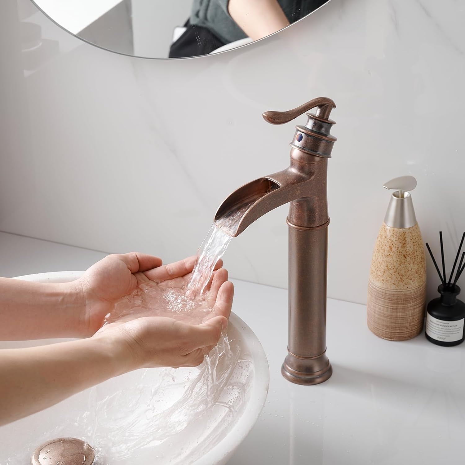 Vessel Sink Faucet Waterfall Antique Copper Single Hole with Pop up Drain Stopper without Overflow and Supply Lines One Handle Vanity Basin Bath Sink Mixer Tap