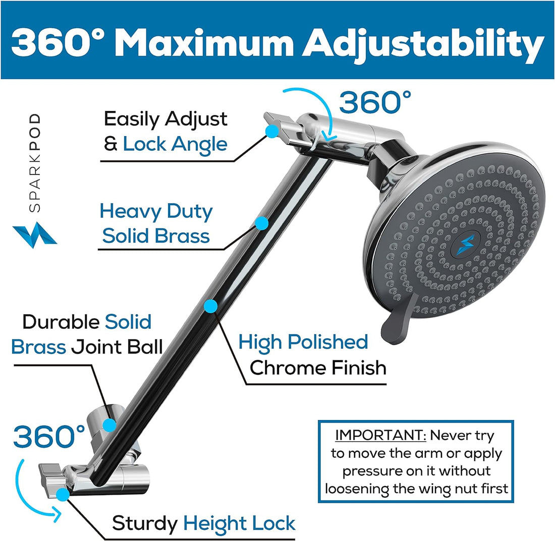 11&quot; Solid Brass Shower Head Extension Arm - Flexible Height &amp; Angle Adjustable Shower Arm Extension for Rain Showerheads with Sturdy Lock - Universal Pipe Connection (Luxury Polished Chrome)