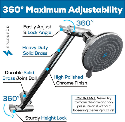 11&quot; Solid Brass Shower Head Extension Arm - Flexible Height &amp; Angle Adjustable Shower Arm Extension for Rain Showerheads with Sturdy Lock - Universal Pipe Connection (Luxury Polished Chrome)