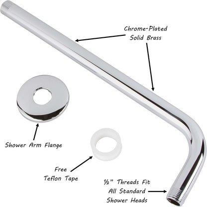 12 Inch Shower Arm and Flange - Solid Stainless Steel, Wall-Mounted for Fixed Shower Head &amp; Rain Showerhead -  - Chrome