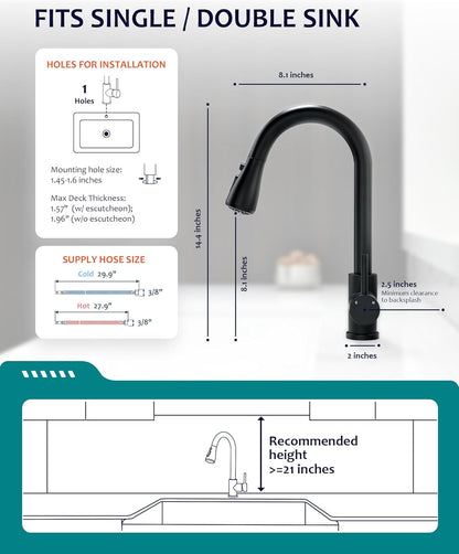 Black Kitchen Faucet with Pull down Sprayer for RV Sink,  Kitchen Sink Faucet Stainless Steel Laundry Single Handle Pull Out Kitchen Faucets Matte Black, Grifo Para Fregaderos De Cocina