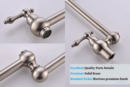 Brass Pot Filler,Wall Mount Commercial,Copper Material Kitchen Folding Faucet,Coffee Machine Faucet with Stretchable Double Joint Swing Arms,Brushed Nickel