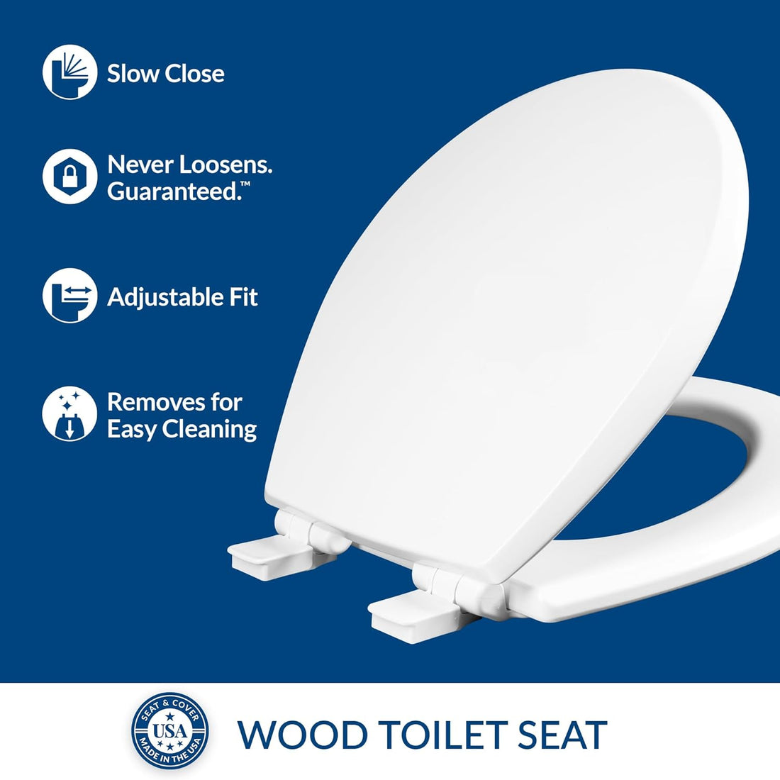 Cassel Slow Close Toilet Seat, Easy Clean, Non Slip Premium Wood Seat, Easy Install, Made in USA, Round, White