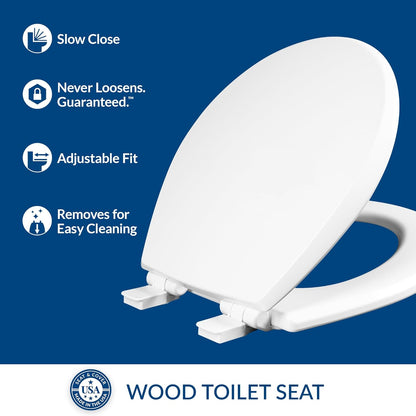 Cassel Slow Close Toilet Seat, Easy Clean, Non Slip Premium Wood Seat, Easy Install, Made in USA, Round, White