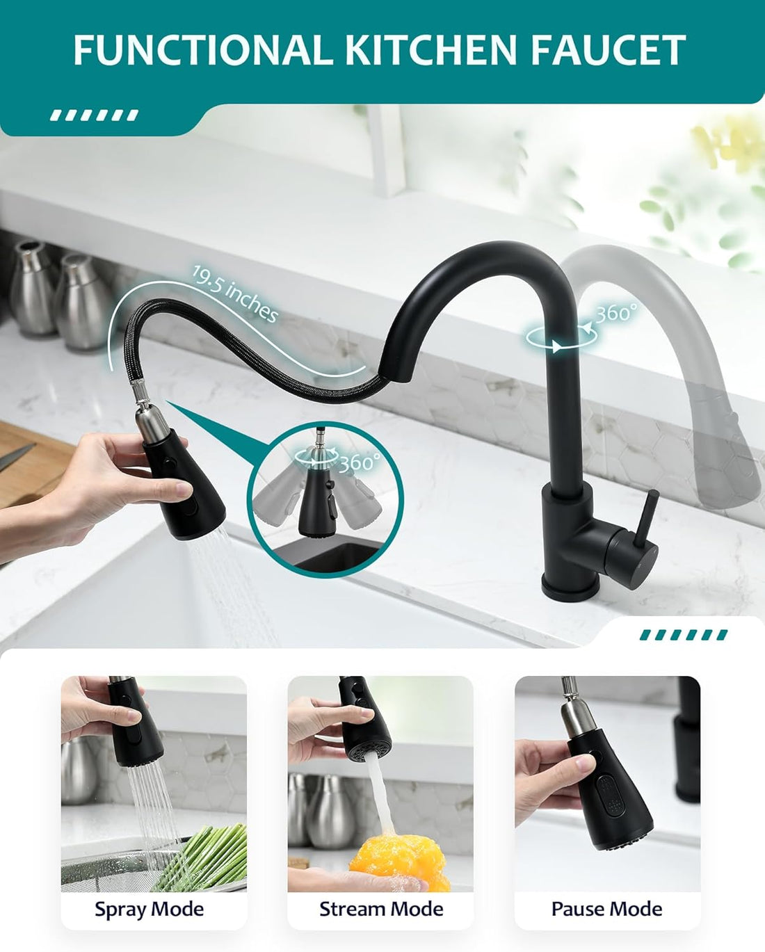 Black Kitchen Faucet with Pull down Sprayer for RV Sink,  Kitchen Sink Faucet Stainless Steel Laundry Single Handle Pull Out Kitchen Faucets Matte Black, Grifo Para Fregaderos De Cocina