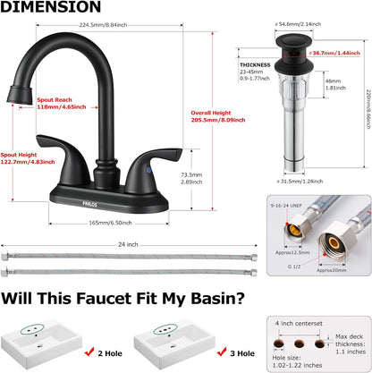 2-Handle Bathroom Faucet with Metal Drain Assembly &amp; Supply Lines NSF Cupc Certified, Matte Black, 1359104
