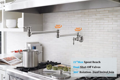 Brass Pot Filler,Wall Mount Commercial,Copper Material Kitchen Folding Faucet,Coffee Machine Faucet with Stretchable Double Joint Swing Arms,Brushed Nickel