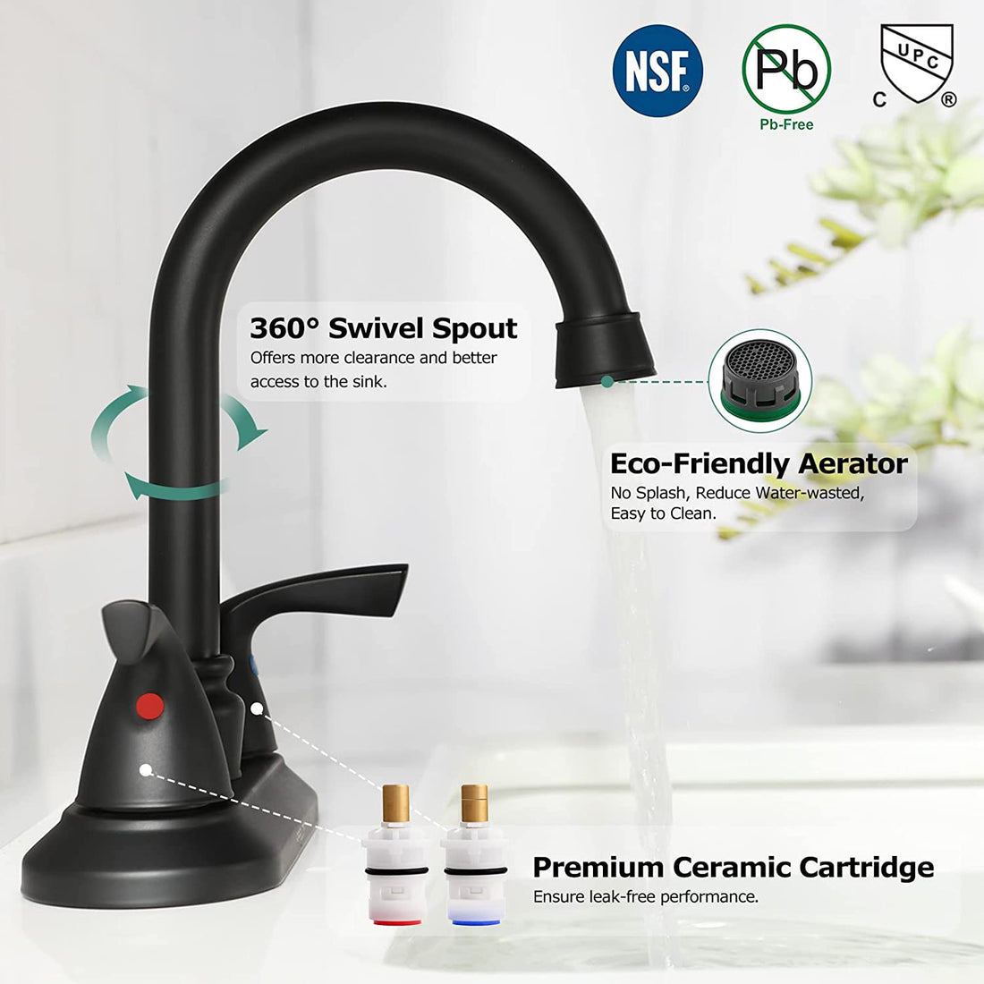 2-Handle Bathroom Faucet with Metal Drain Assembly &amp; Supply Lines NSF Cupc Certified, Matte Black, 1359104
